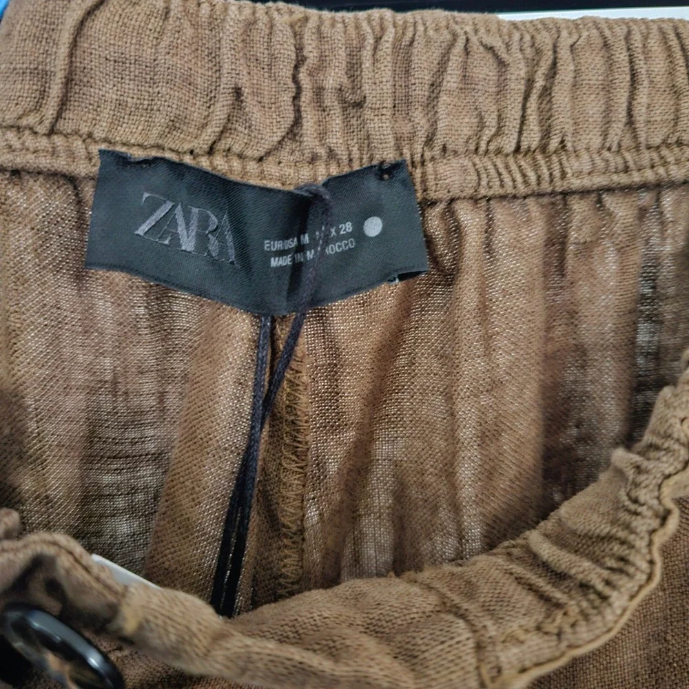 Zara Women Linen Pants M Brown Wide Leg‎ Elastic Waist Drawstring Sustainable